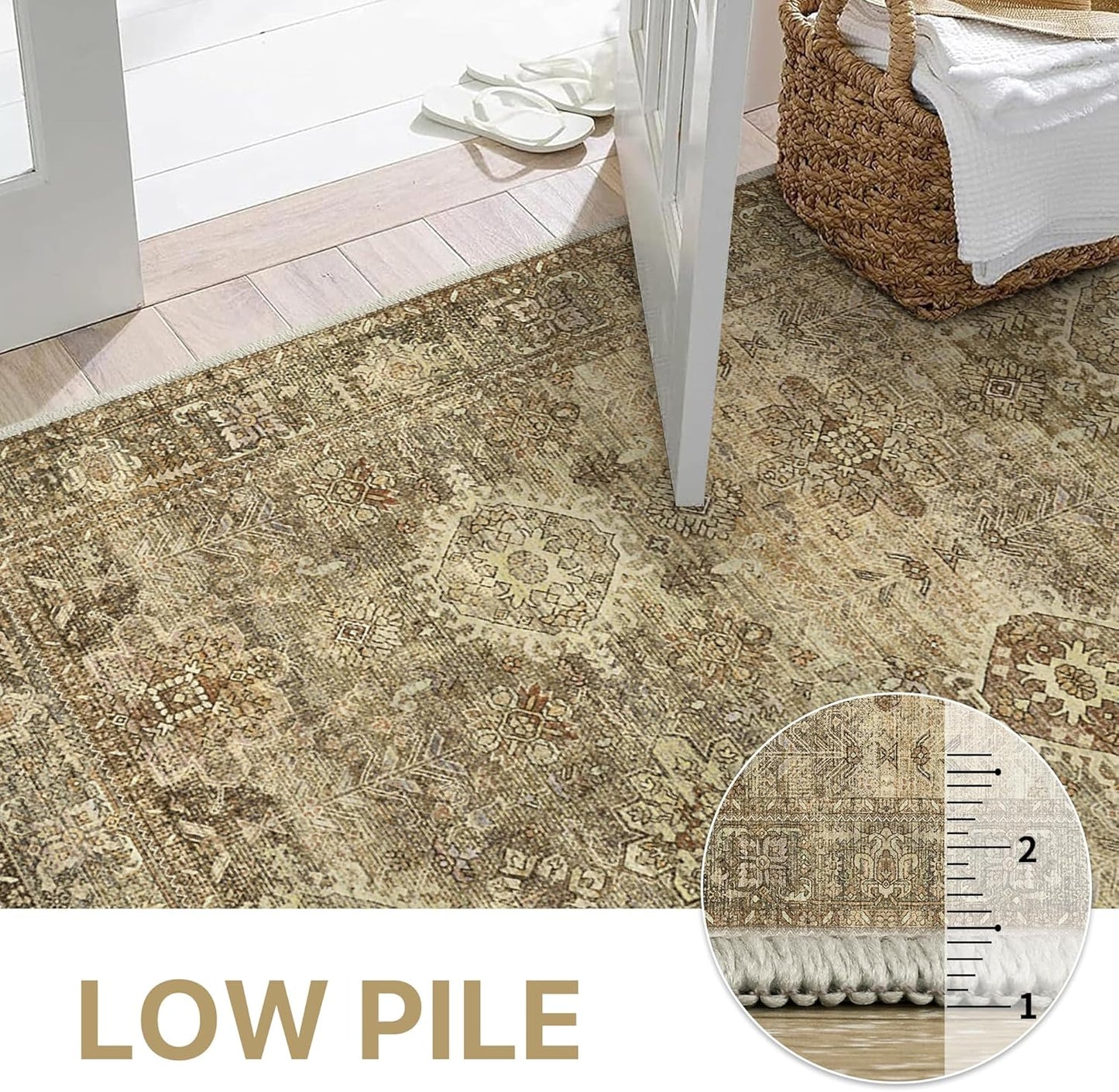 GENIMO 2X5 Hallway Runner Rug, Machine Washable Non Slip Vintage Floral Patchwork Runners, Thin Low Pile Chenille Carpet Runners for Entryway, Kitchen, Bathroom, Bedroom, Straw