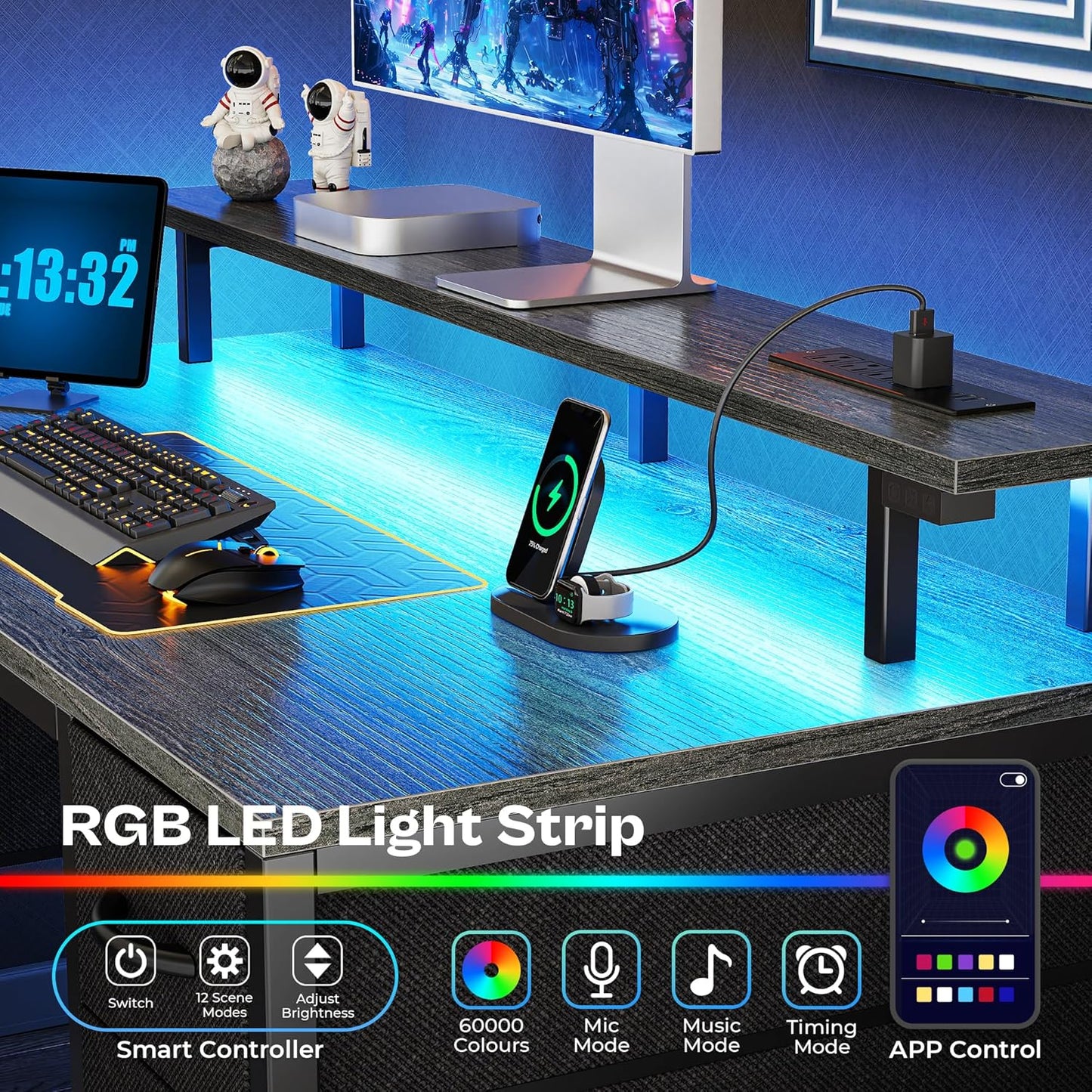 Huuger 47 inch Computer Desk with 4 Drawers, Gaming Desk with LED Lights & Power Outlets, Home Office Desk with Large Storage Space for Bedroom, Work from Home, Grey