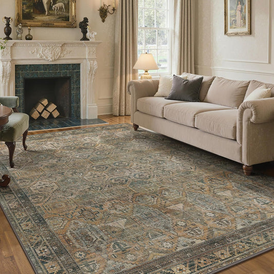 GENIMO 9x12 Area Rugs for Living Room, Machine Washable Non Slip Vintage Rugs, Low Pile Lightweight Chenille Print Rug for Bedroom, Dining Room, Home Office, Warm Taupe