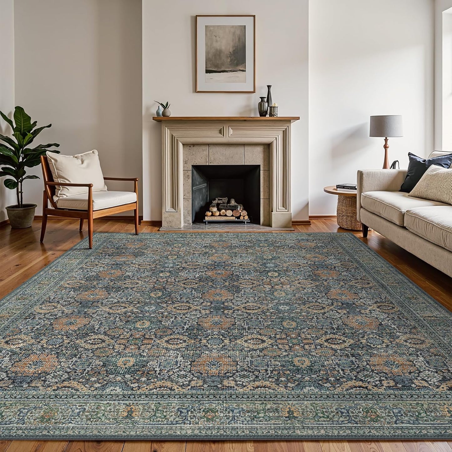 8X10 Area Rugs Machine Washable Rugs for Living Room, Vintage Boho Large Rugs for Bedroom Dining Room, Non Slip Indoor Soft Distressed Lightweight Thin Low Pile Carpet, Beige Blue Grey