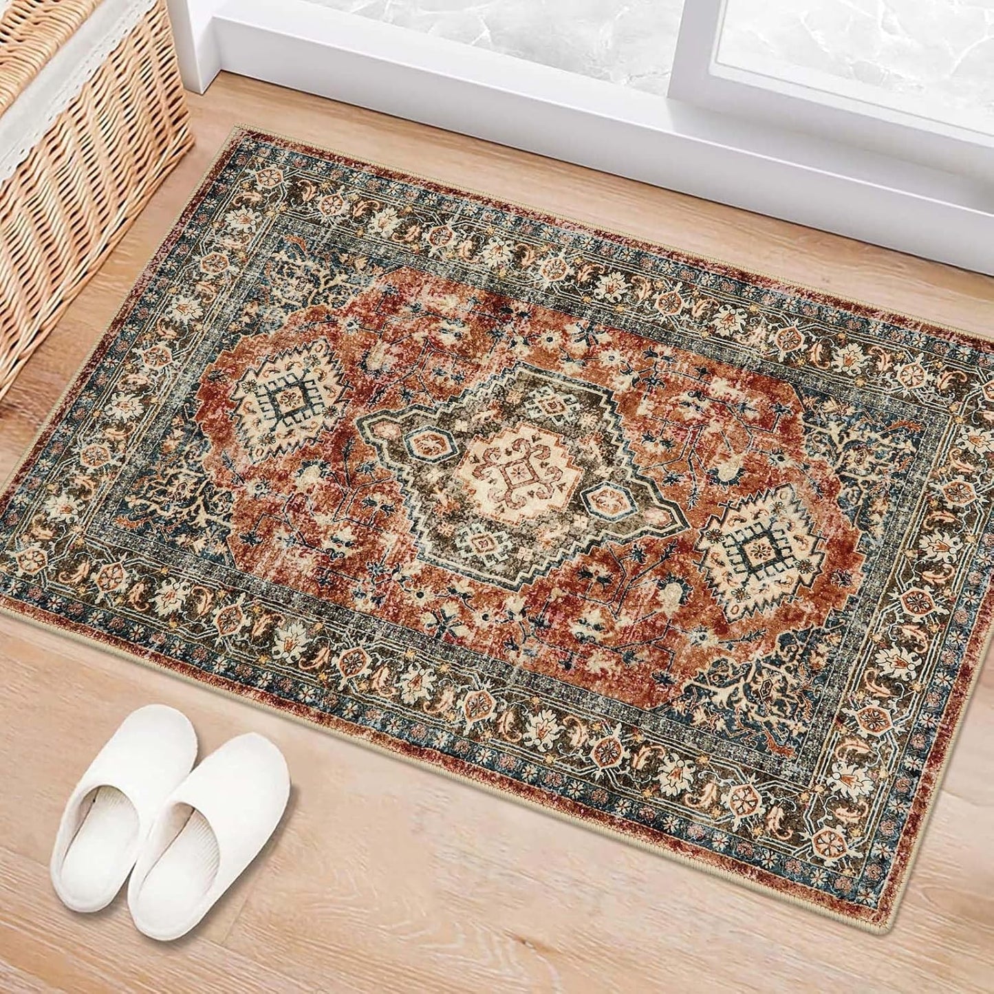 Lahome Oriental Washable Small Area Rug, 2x3 Rugs for Entryway Kitchen, Ultra-Thin Soft Indoor Door Mat Non Slip Throw Carpet for Bedroom Bathroom, Brick Red