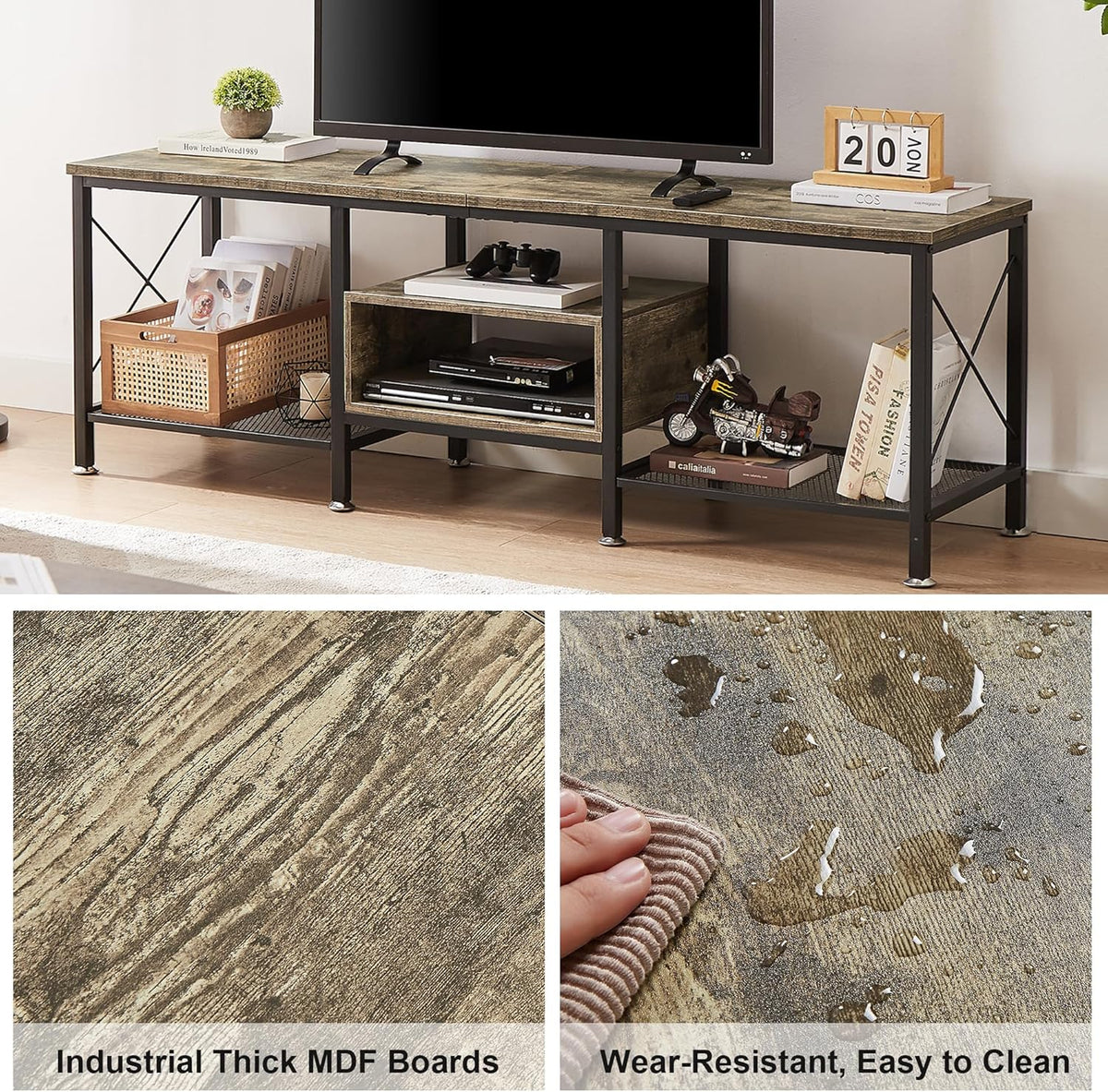 VECELO Industrial TV Stand for 70 Inch Television Cabinet 3-Tier Console with Open Storage Shelves, Entertainment Center Metal Frame for Living Room, Bedroom, 63 Inch, Light Grey