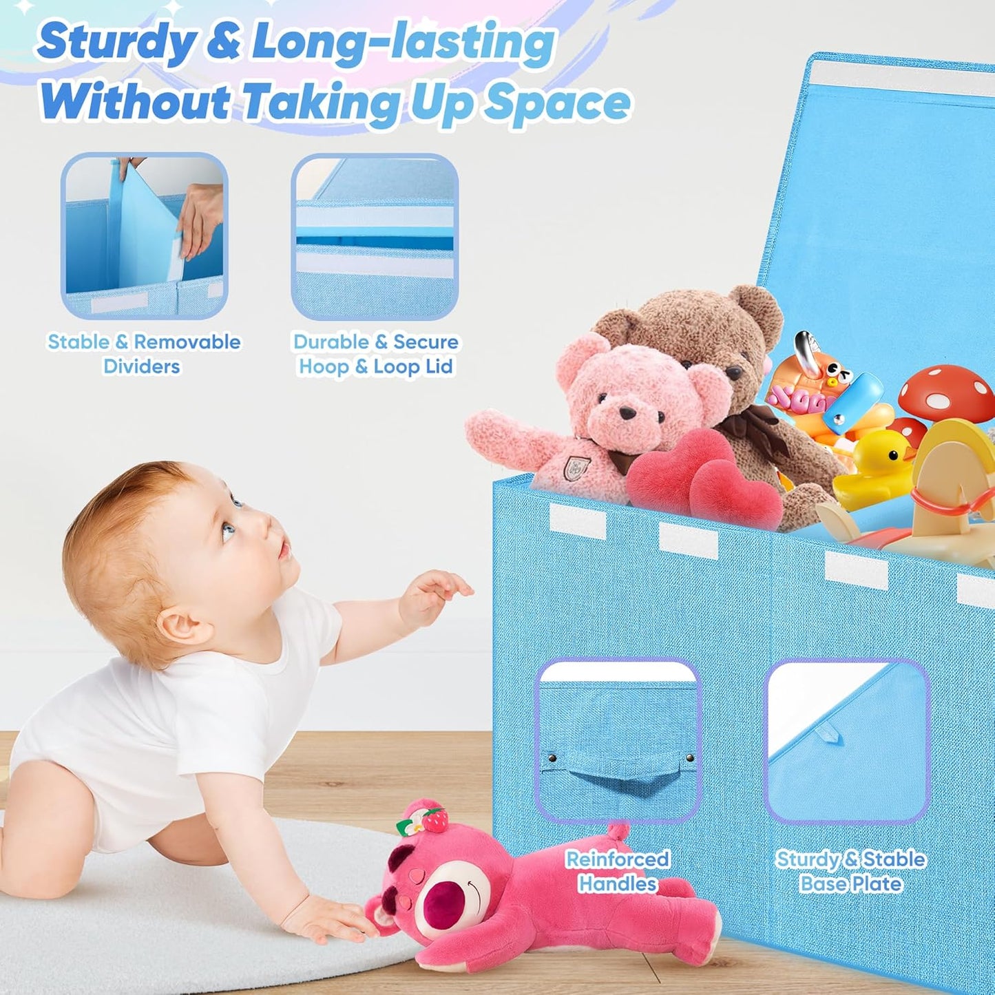 Extra Large Toy Box, Toy Box for Kids Boys Girls, Collapsible Sturdy Toy Storage Organizer with Mesh Pockets, 40"x14"x16" Kids Toy Chest Boxes Bins Baskets for Nursery, Playroom, Blue