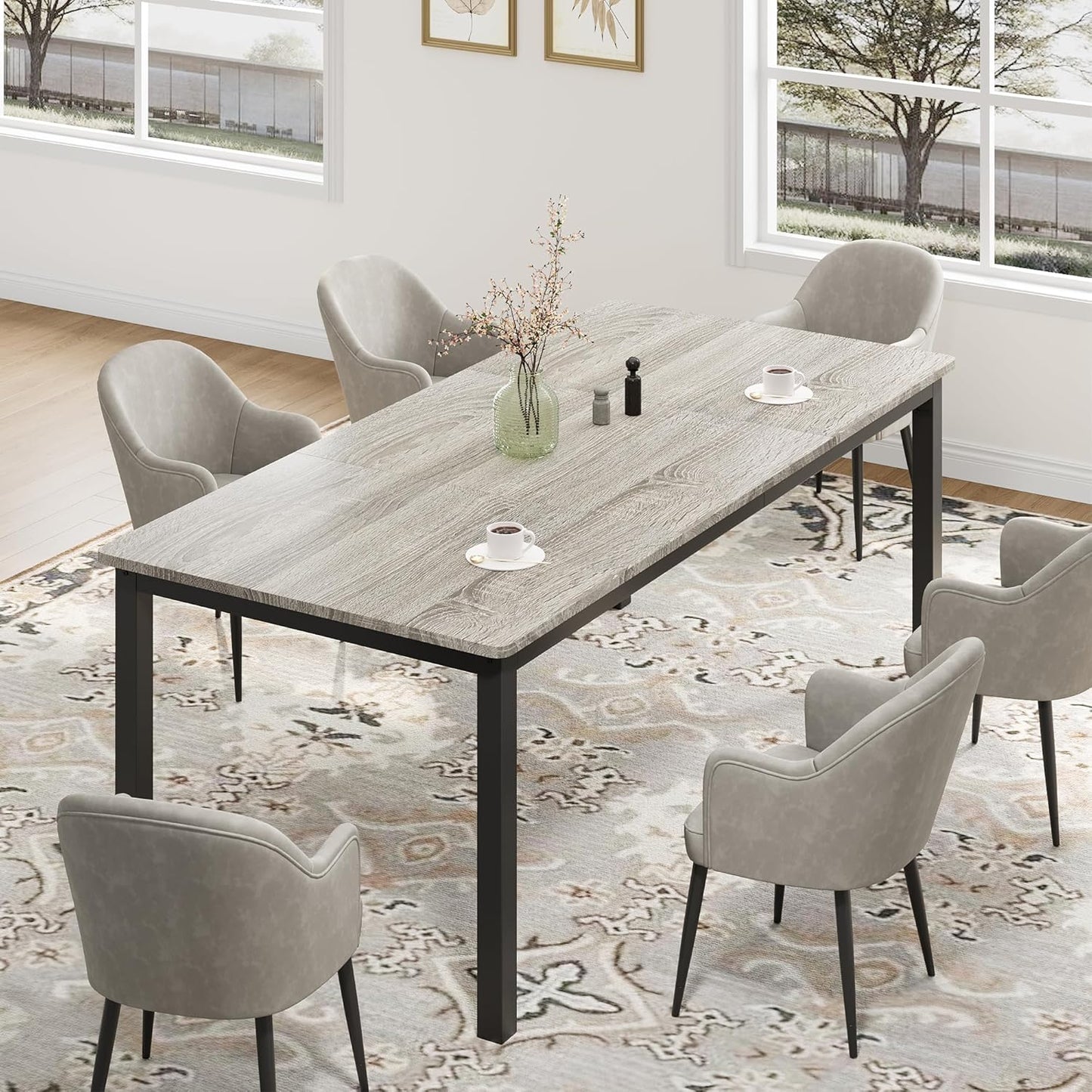 GarveeHome 78.7in Industrial Dining Table for 6, Wooden Long Dinner Table with Mortise Tenon Design, Kitchen Table with Sturdy Metal Legs, for Dining Room Home Office Living Room, Grey