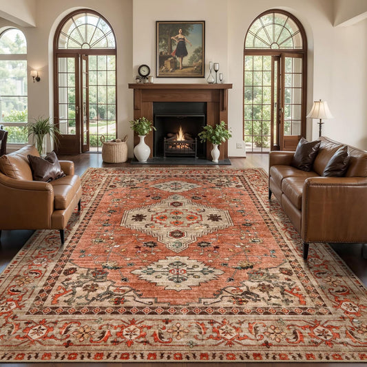Tangsoo 5x7 Area Rug Washable for Living Room, Vintage Rug Indoor Non Slip Large Area Rugs, Print Distressed Terracotta Carpet, Soft Low Pile Rug Foldable Floor Rugs for Bedroom Dining Room Dorm