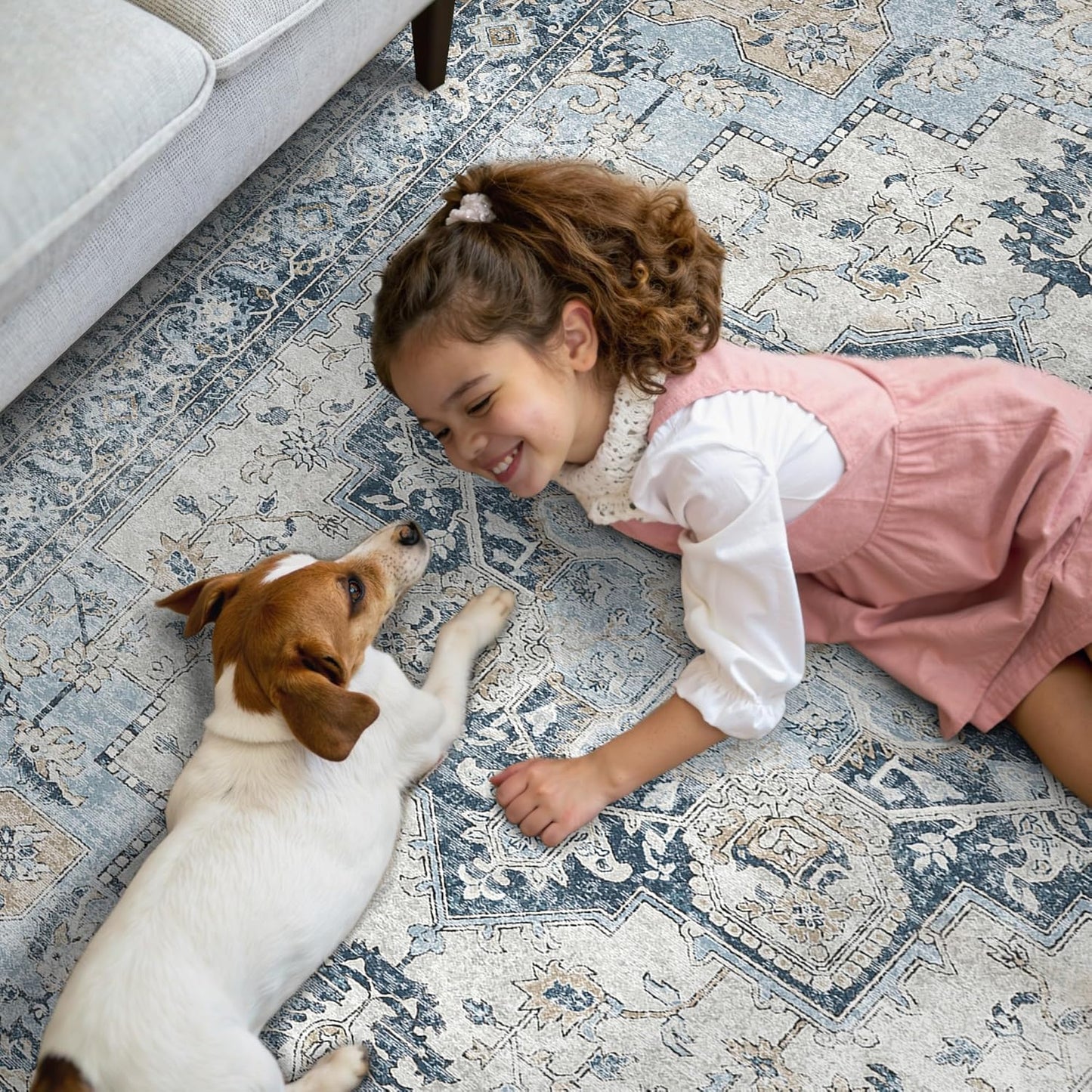 GENIMO Runner Rug 2x12, Non Slip Vintage Hallway Runner Rugs, Low Pile Lightweight Machine Washable Mat for Hallway, Entryway, Bedroom, Kitchen and Corridor, Blue