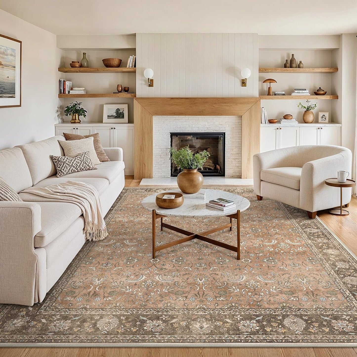 10X14 Area Rugs Machine Washable Rugs for Living Room, Vintage Boho Large Rugs for Bedroom Dining Room, Non Slip Indoor Soft Distressed Lightweight Thin Low Pile Carpet, Chestnut