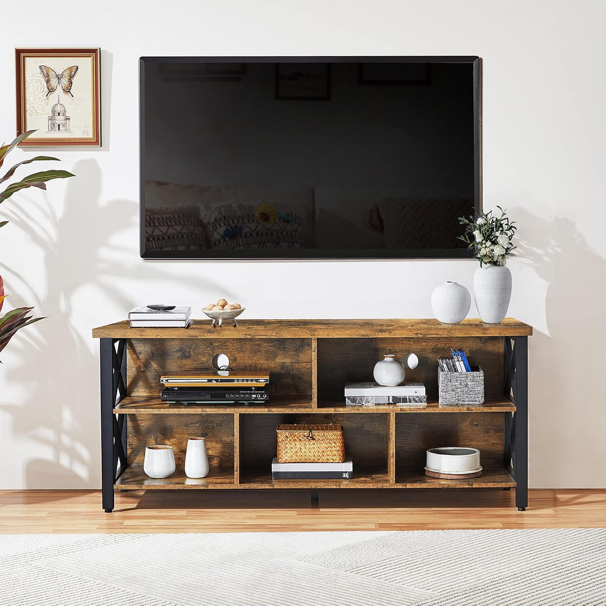 Yaheetech TV Stand for Living Room, Industrial Entertainment Center for 65 Inch TV, Rustic TV Console Stand with Storage Cabinets Wood and Metal, Rustic Brown