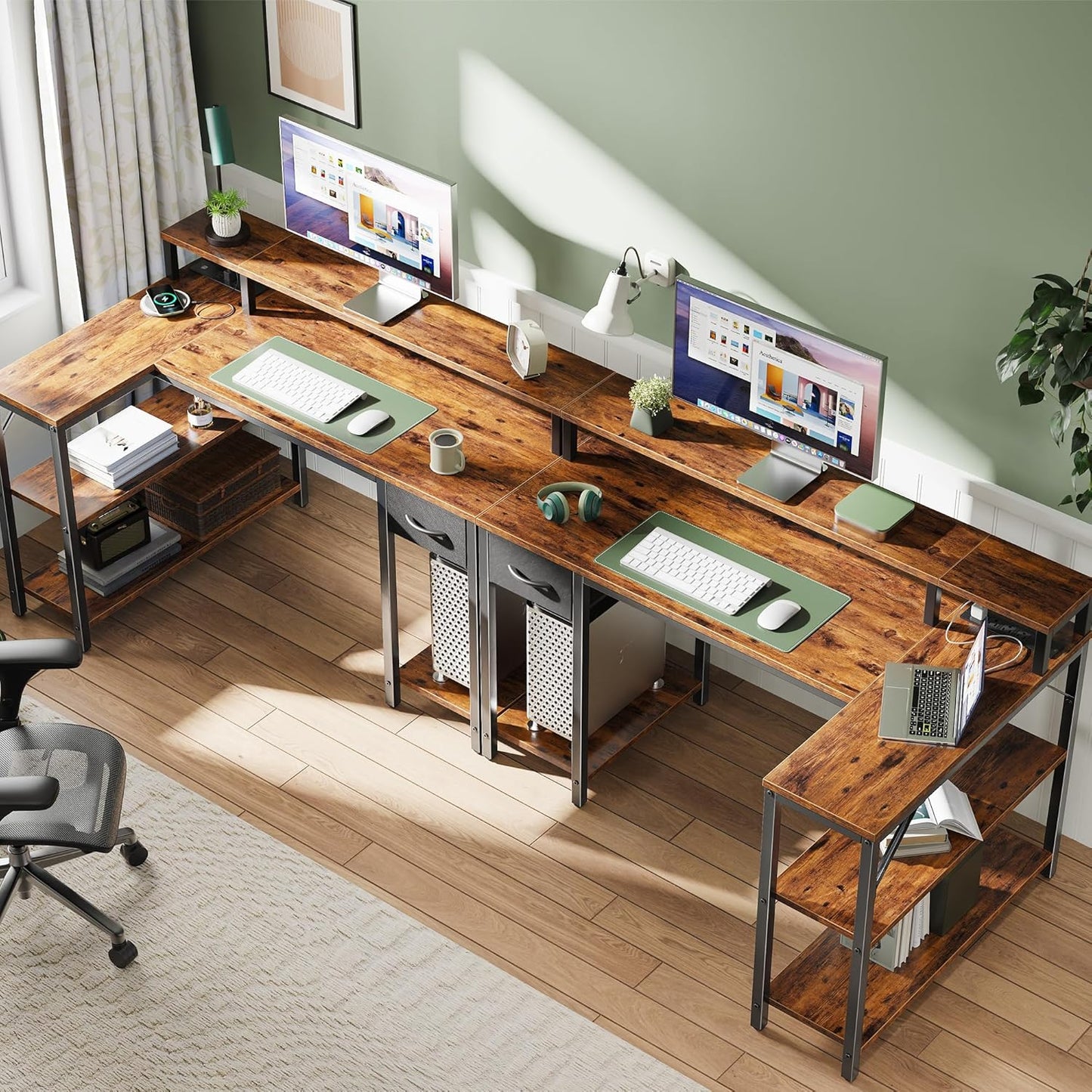 SUPERJARE 47 inch Reversible L Shaped Desk with LED Lights & Power Outlets, Computer Desk with Shelves & Monitor Stand, Gaming Desk with Drawer, Home Office Desk Corner Desk, Rustic Brown