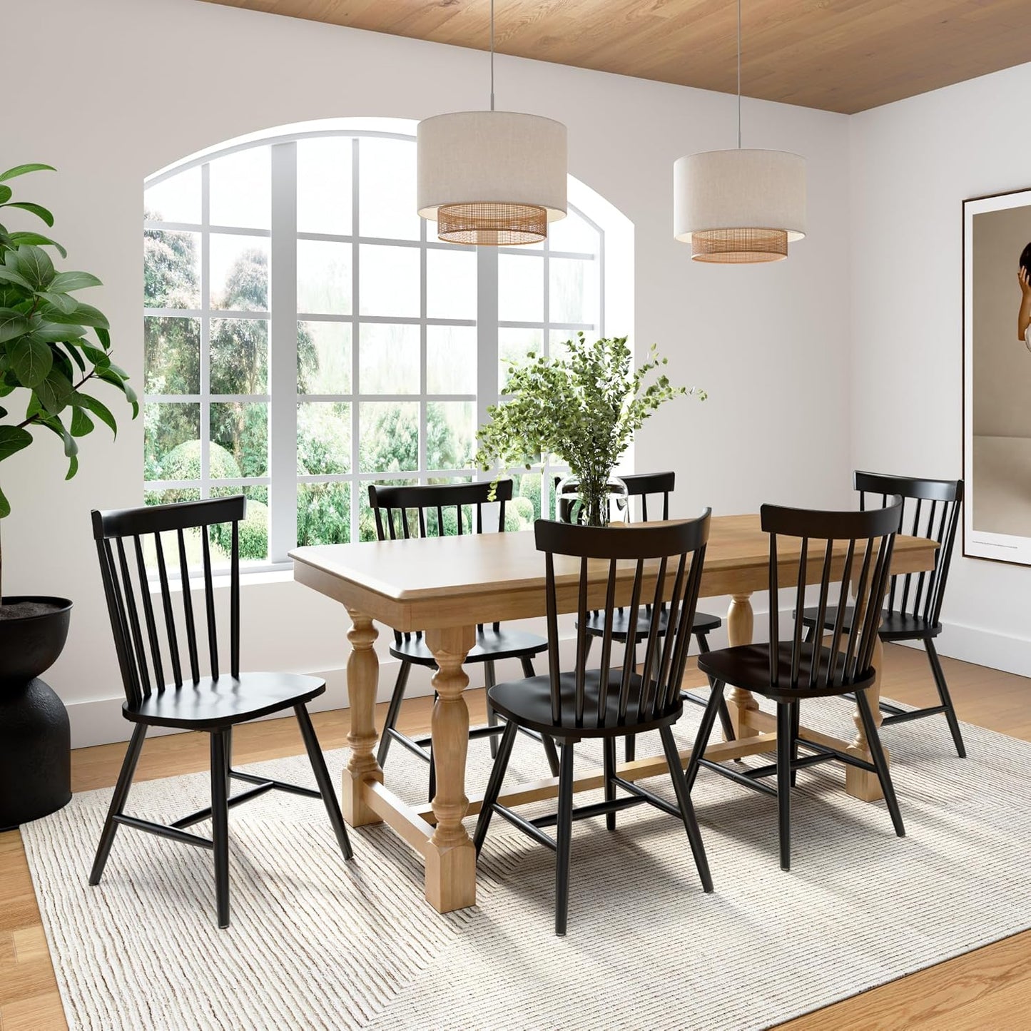 Bush Furniture Rectangular Dining Table Set for 6, with 67 inch Squire Trestle, High Back Spindle Dining Chairs, Farmhouse Transitional, Sterling Collection, Light Brown and Black