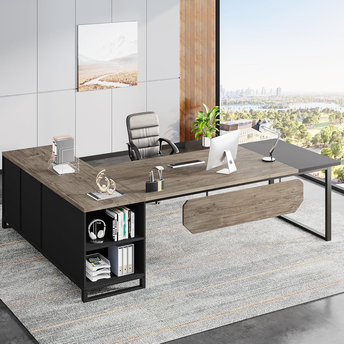 Tribesigns 70.8" Executive Desk with 55" File Cabinet, Industrial L Shaped Computer Desk with Storage Shelves and Cabinet, Large L Shaped Executive Desk for Home Office, Retro Gray & Black