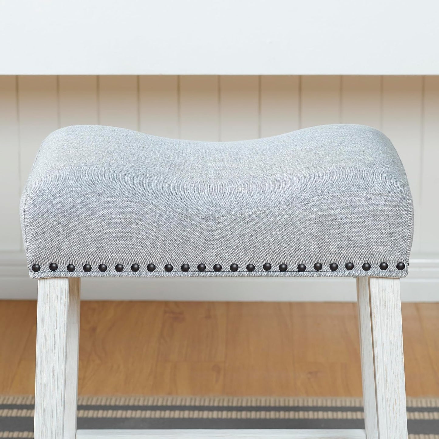 Roundhill Furniture Coco Upholstered Backless Saddle Seat Counter Stools 25.5" Height Set of 2, White-Wash Finish, Light Gray Fabric