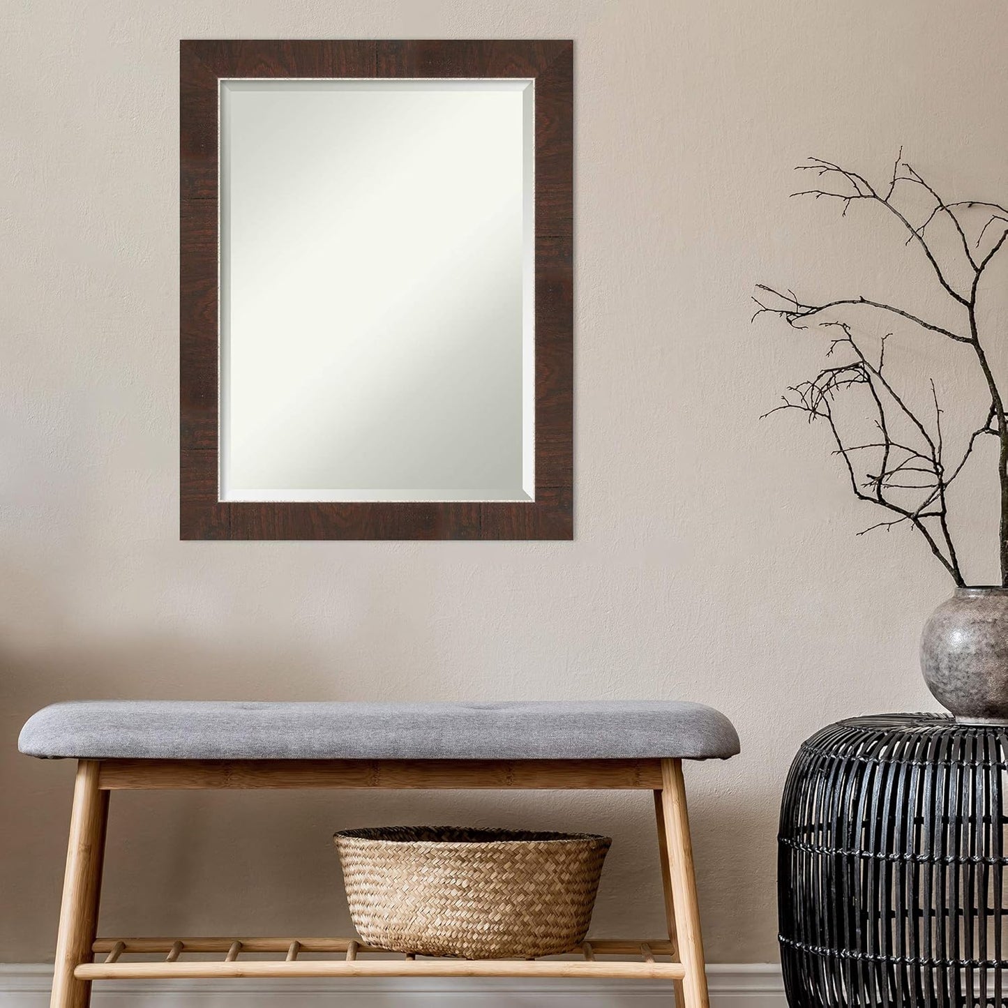 Amanti Art Brown Bathroom Mirror for Over Sink, 27x21 Wildwood Brown Narrow Rectangle Vanity Mirror, Medium Rustic Farmhouse Frame, Hangs Horizonally and Vertically, Bathroom Wall Decor, Beveled Edge