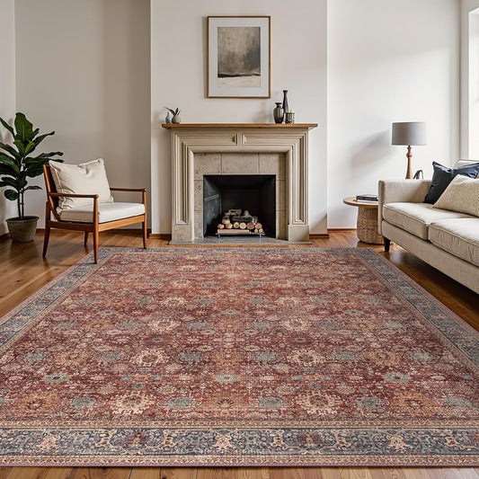 10X12 Area Rugs Machine Washable Rugs for Living Room, Vintage Boho Large Rugs for Bedroom Dining Room, Non Slip Indoor Soft Distressed Lightweight Thin Low Pile Carpet, Red Brown