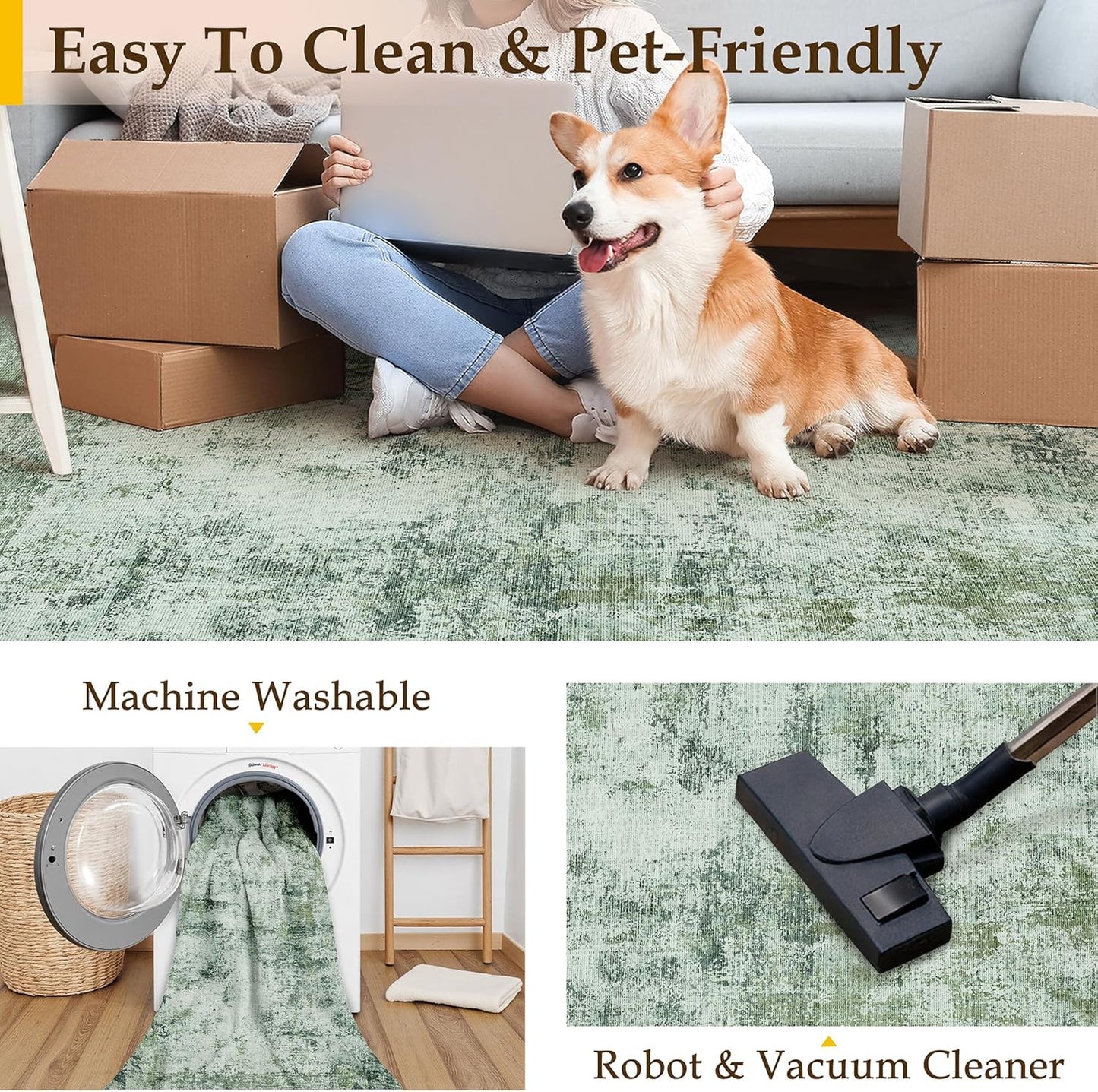 6x9 Washable Area Rug Dark Green Modern Neutral Abstract Living Room Bedroom Indoor Floor Carpet Low Pile Soft Non-Slip Lightweight Vacuumable Throw Rug for Nursery Dining Room Office