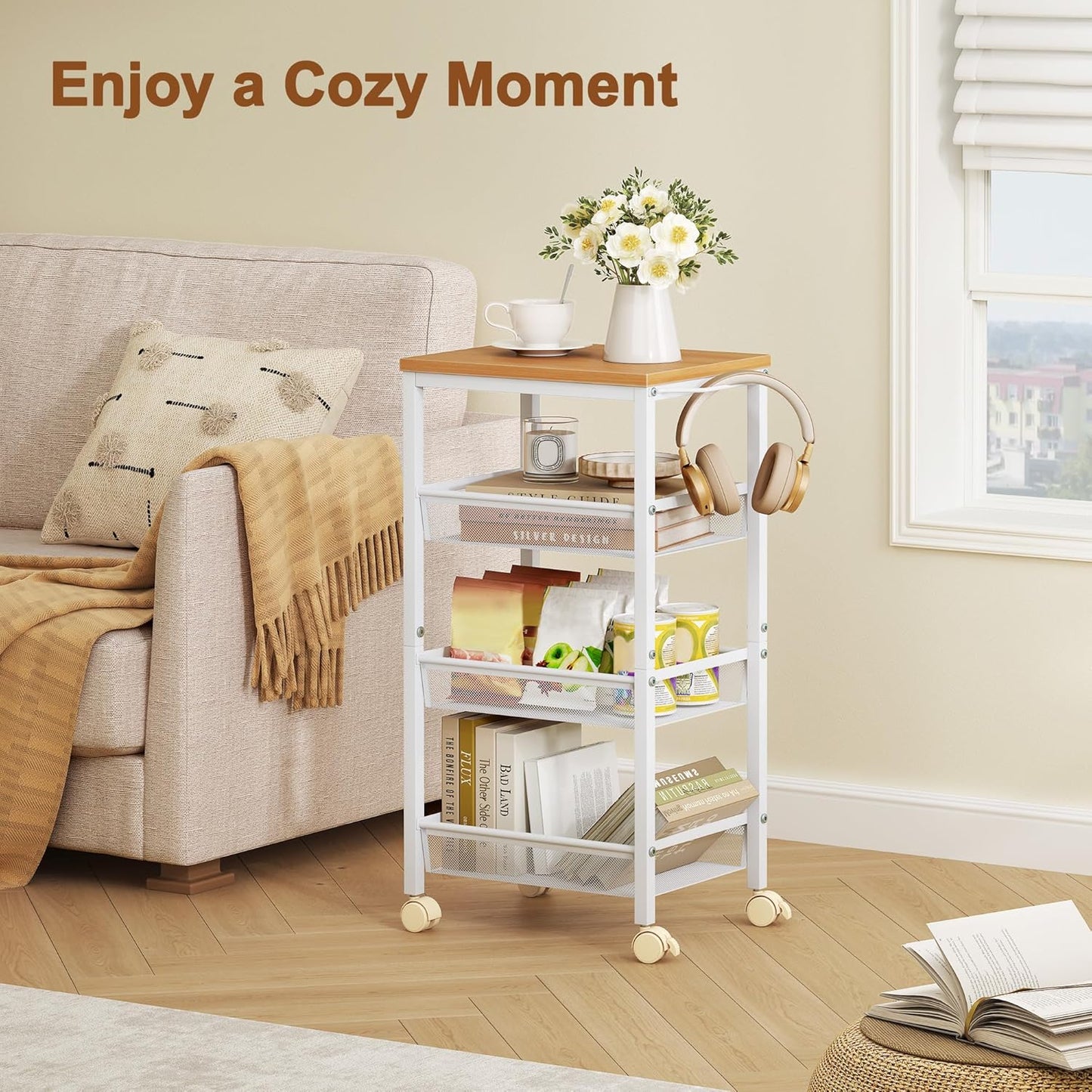 Hoctieon Rolling Storage Cart, 4-Tier Wide Panel Rolling Kitchen Storage Cart, Utility Cart with Handle & Wheels, Mobile Shelving Unit, Metal Frame Narrow Cart for Home Kitchen, Laundry, Oak Beige