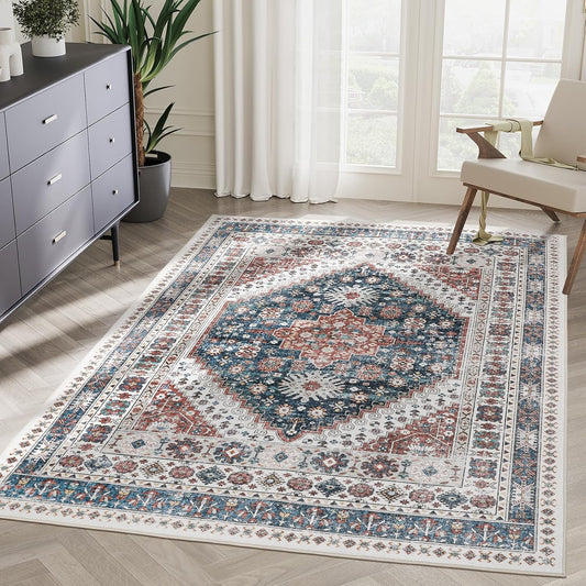 zesthome 6x9 Area Rug, Super Soft Washable Rugs for Living Room, Non-Slip Stain Resistant Vintage Rugs, Ultra-Thin Large Area Rugs (Navy Blue/Red,6'x9')