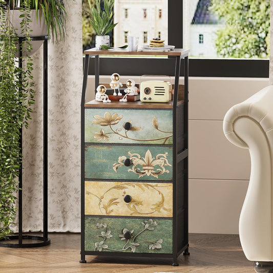 Tohomeor Dresser with Fabric Drawers Nightstand with 2 Tier Shelf Storage Tower for Bedroom Hallway Entryway Closet Organizer Sofa Beside Table Furniture (Multi, 4 Drawers)