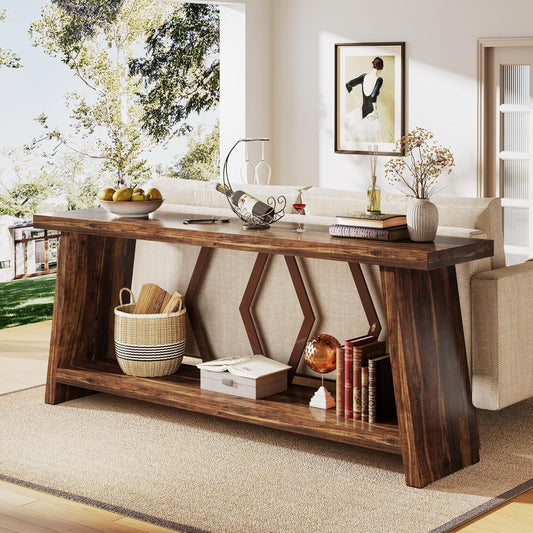 Tribesigns 70.86-Inch Farmhouse Console Table, Industrial Narrow Long Sofa Entryway Table with Storage, 2-Tier Wood Couch Foyer Accent Table for Living Room, Hallway, Entrance (Brown)