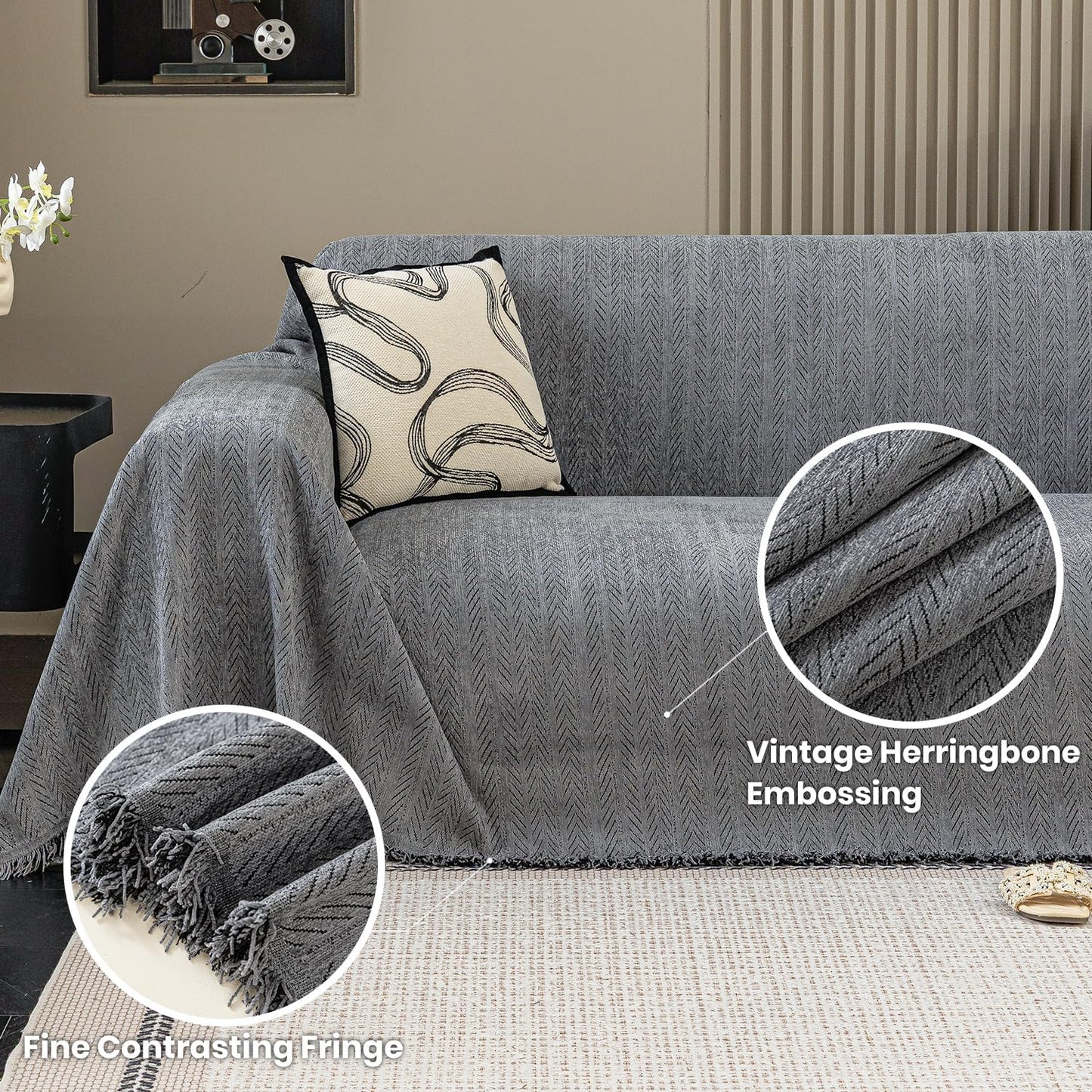 Nobildonna Sofa Cover Washable Soft Thicken Chenille Couch Cover with Tassel,Waterproof Sofa Slipcover for 3-4 Cushion Couch,Sectional Sofa,L-Shaped Furniture Protector Pet-Friendly,Dark Gray 71x150