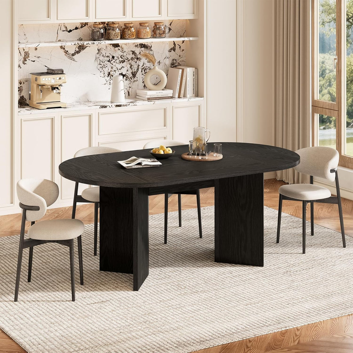 LITTLE TREE 63" Rustic Oval Dining Table for 4-6, Sturdy MDF Farmhouse Kitchen Table with Metal Strip Base, for Living Room, Office, Restaurant, Multi-Use, Black