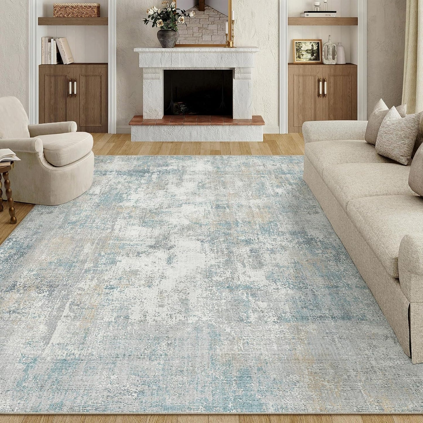 8x10 Washable Area Rug Blue Cream Modern Neutral Abstract Living Room Bedroom Indoor Floor Carpet Low Pile Soft Non-Slip Lightweight Vacuumable Large Throw Rug for Nursery Dining Room