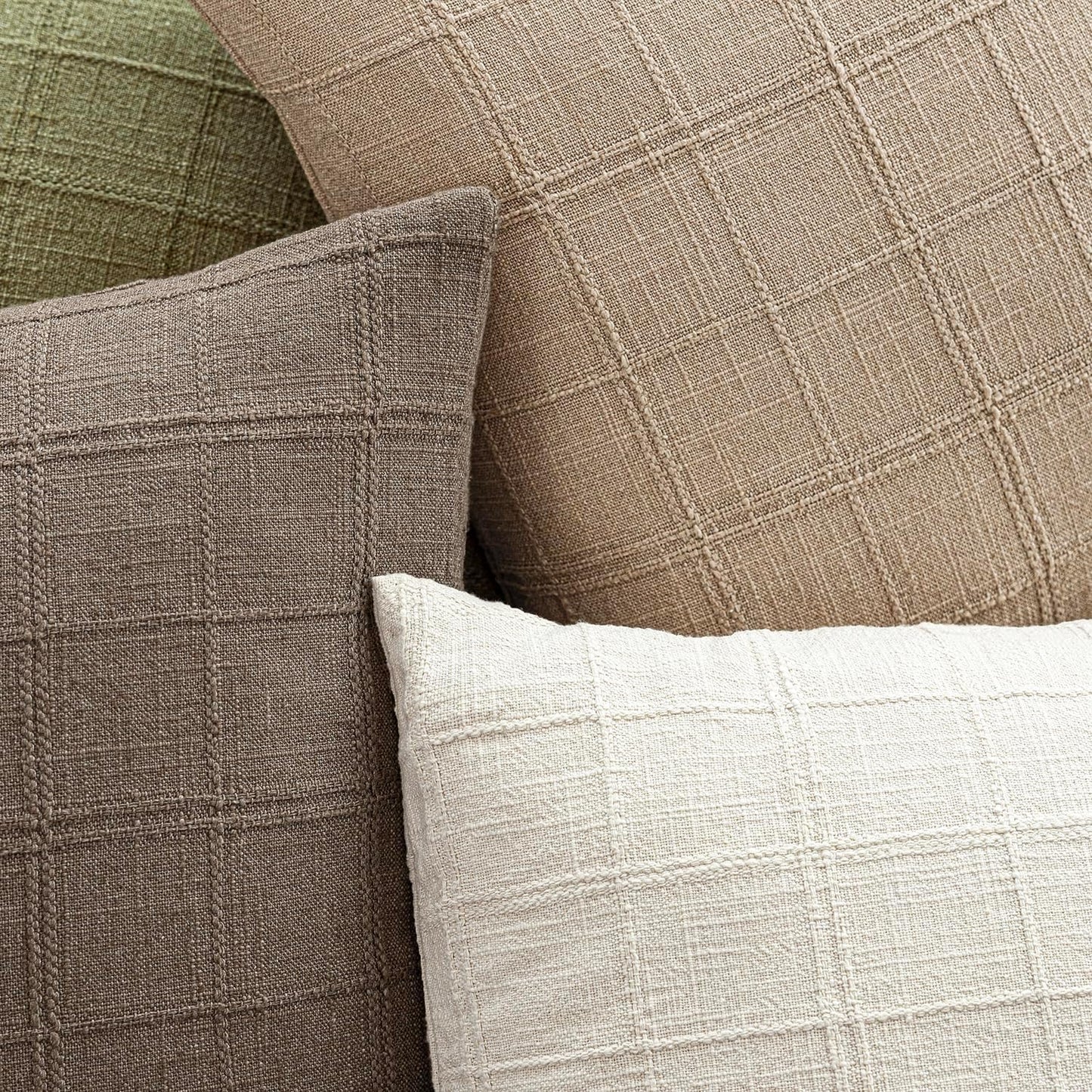 Foindtower Set of 2 Decorative Linen Check Throw Pillow Covers Neutral Farmhouse Vintage Cushion Covers Modern Coastal Boho Home Decor For Sofa Chair Couch Bedroom Living Room Outdoor,24×24 Inch,Camel