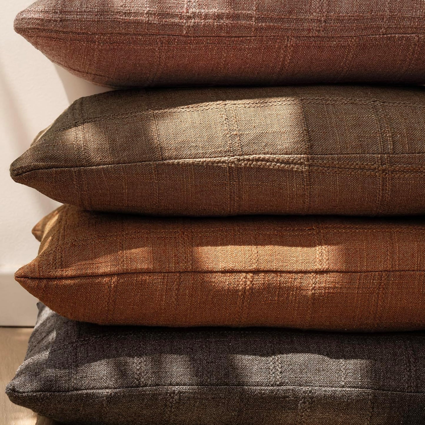 Foindtower Set of 2 Decorative Linen Check Throw Pillow Covers Neutral Farmhouse Vintage Cushion Covers Modern Boho Home Decor for Sofa Chair Couch Bedroom Living Room Outdoor,22×22 Inch,Orange