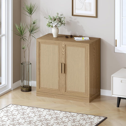 Buffet Cabinet, 2-Doors Sideboard Cabinet with Rattan Panels, Buffet Console Accent Table for Hallway Entryway Dining Room, 31", Oak