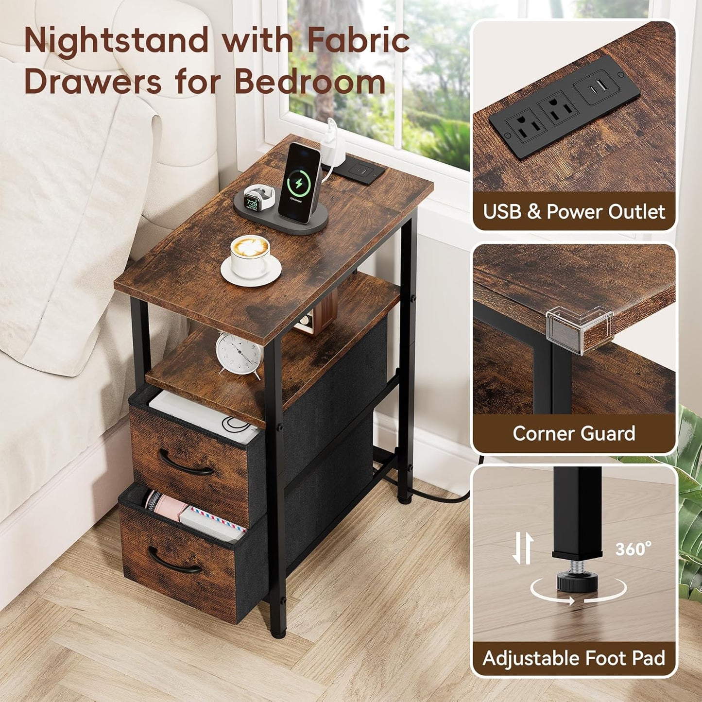 Vagusicc Nightstand with Charging Station and LED Lights, Narrow Side Table, LED Night Stand with 2 Fabric Drawers, Bedside Table with USB Ports and Outlets, Tall Nightstand for Bedroom, Rustic Brown