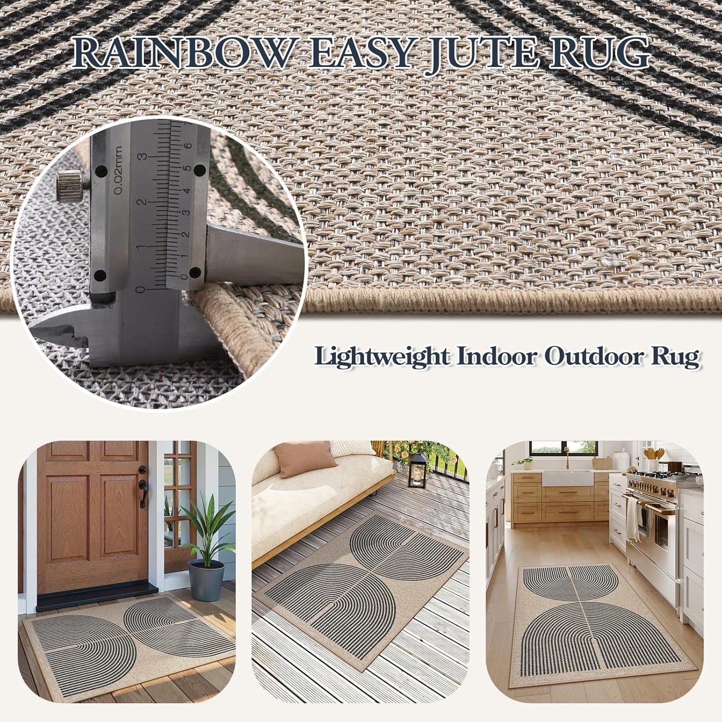 Lahome Rainbow Easy Jute Rug, 32"x48" Outdoor Mat Non Slip Door Mat Indoor Entrance, Farmhouse Neutral Lightweight Non Shedding Low Pile Throw Rug for Kitchen Entry Foyer
