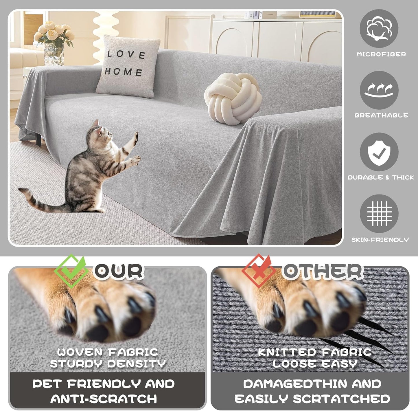 MYSKY HOME Couch Cover Sofa Covers for 3 Cushion Couch, Dog Couch Covers Protector for Sectional Sofa, Non Slip Soft Sofa Slipcover Modern Furniture Protector for Pet, 91" x 134", Light Grey