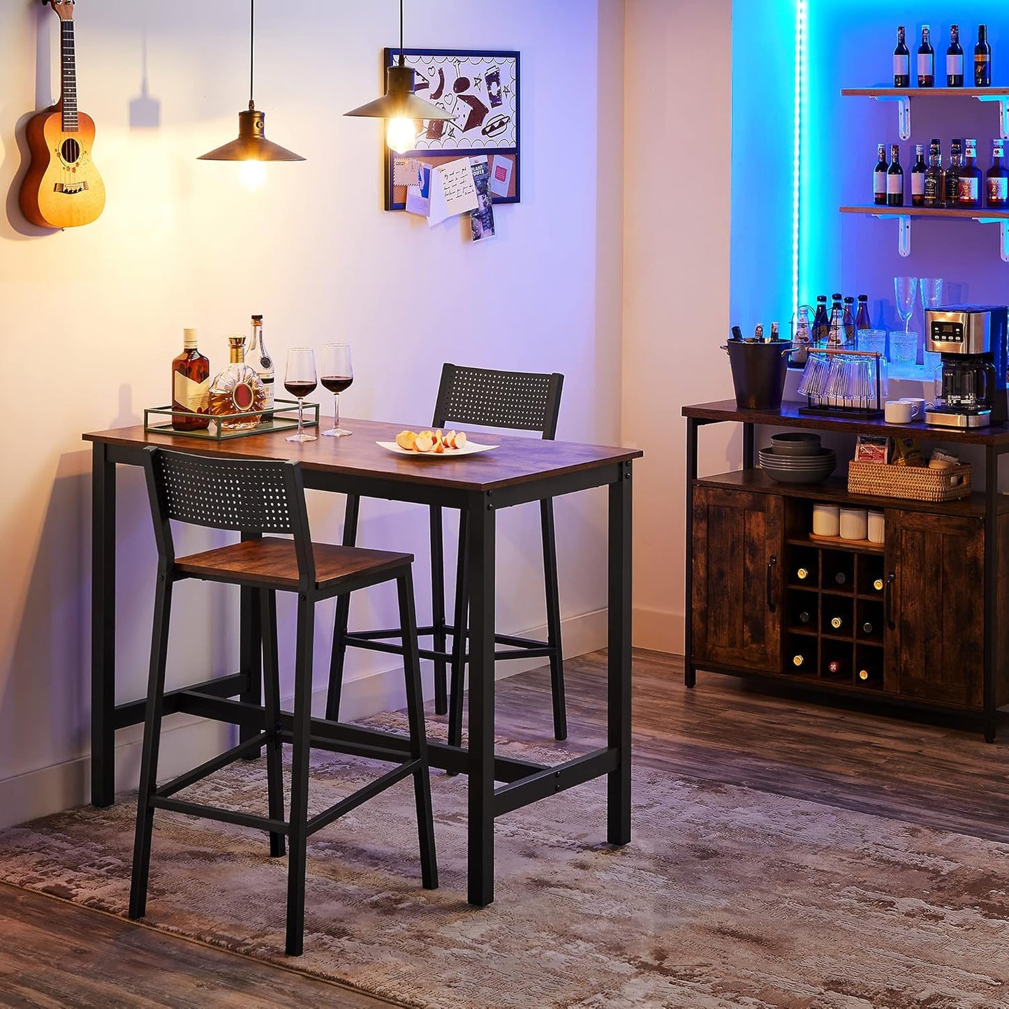 VASAGLE Bar Stools, Set of 2 Bar Chairs, Tall Bar Stools with Backrest, Industrial in Party Room, Rustic Brown and Black ULBC070B01