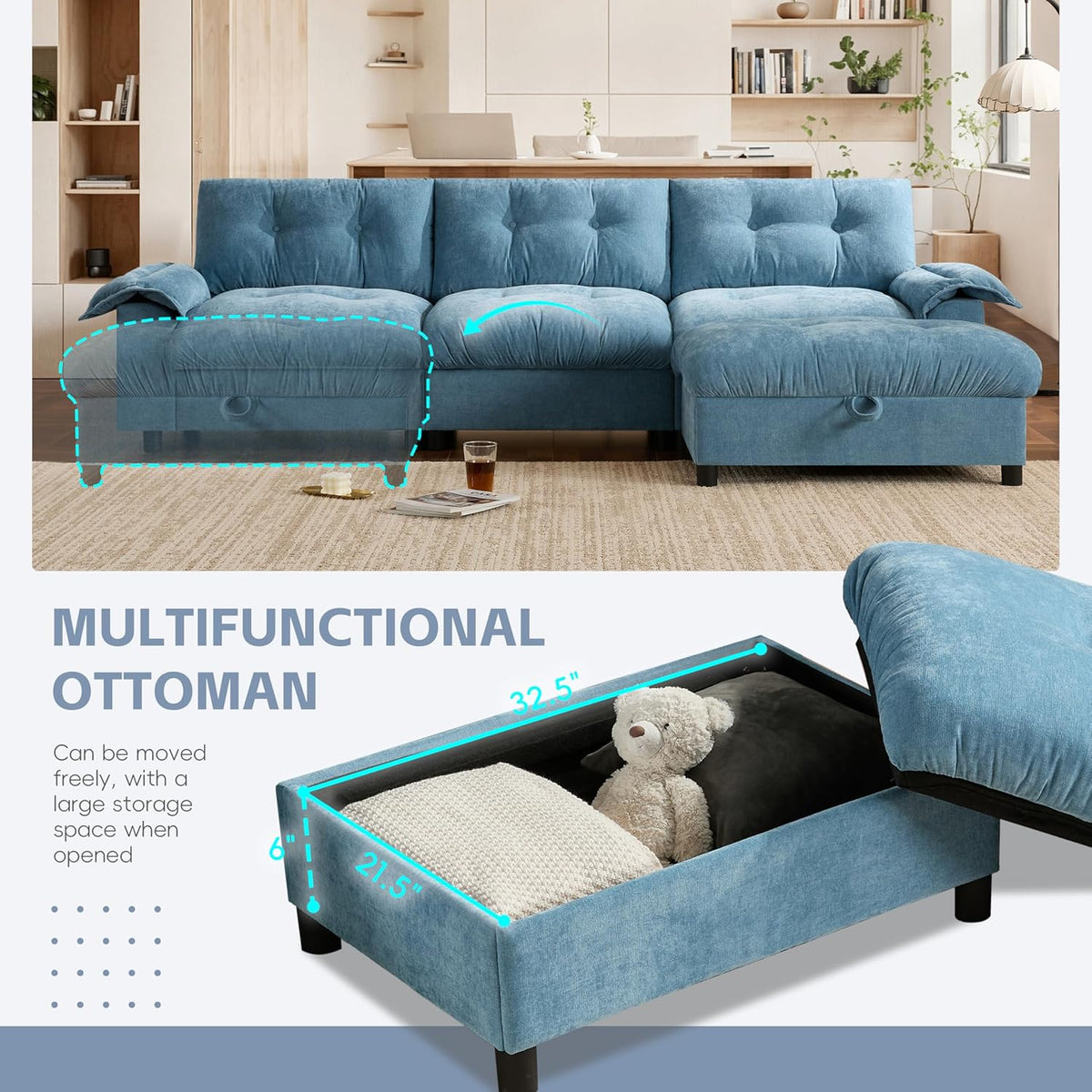 Mreax L-Shape Sectional Sofa with Movable Storage Ottoman and Multifunctional Armrest, 4 Seater Oversized Chenille Upholstered Cloud Couch for Living Room, Apartment, Unique Tufted Design, Light Blue