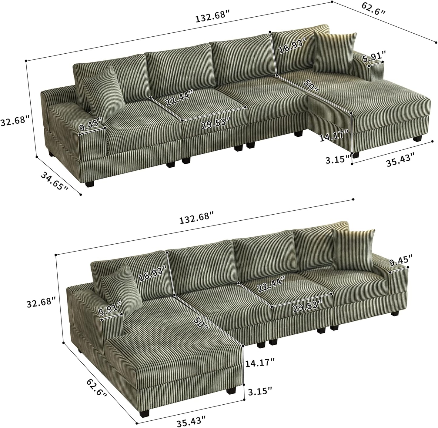 Eafurn 132.68" Oversized L Shaped Modular Sectional Sofa Couch with Reversible Chaise Lounge Daybed, Modern Corduroy Upholstered Corner Lounge Couch with Thick Cushions and Headrest