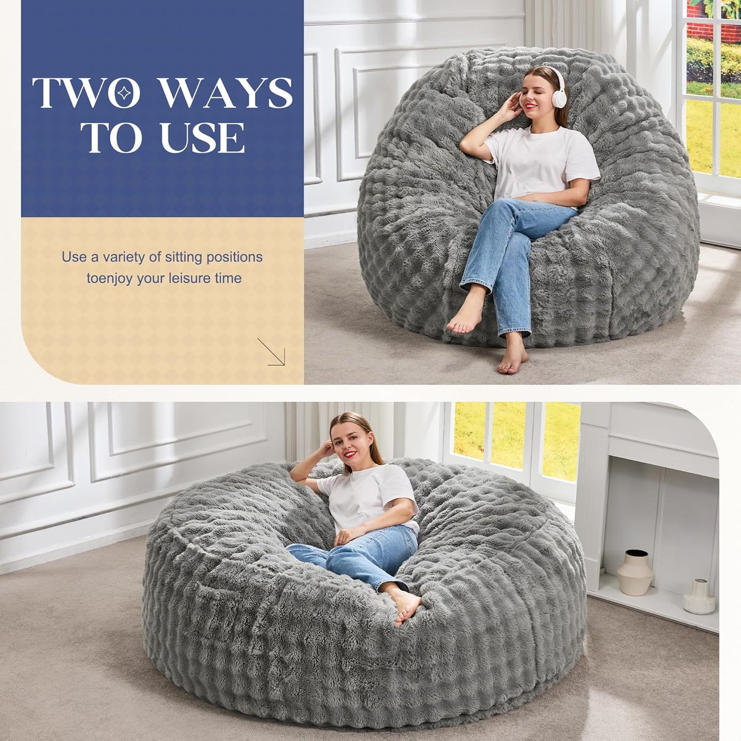 Hobestluk Bean Bag Chairs 6ft Beanbag Chair with Filler Adult Bean Bags with Fluffy & Machine Washable Cover, Giant Bean Bag Chairs for Adults (Grey, 6FT-70" x 70" x 15")