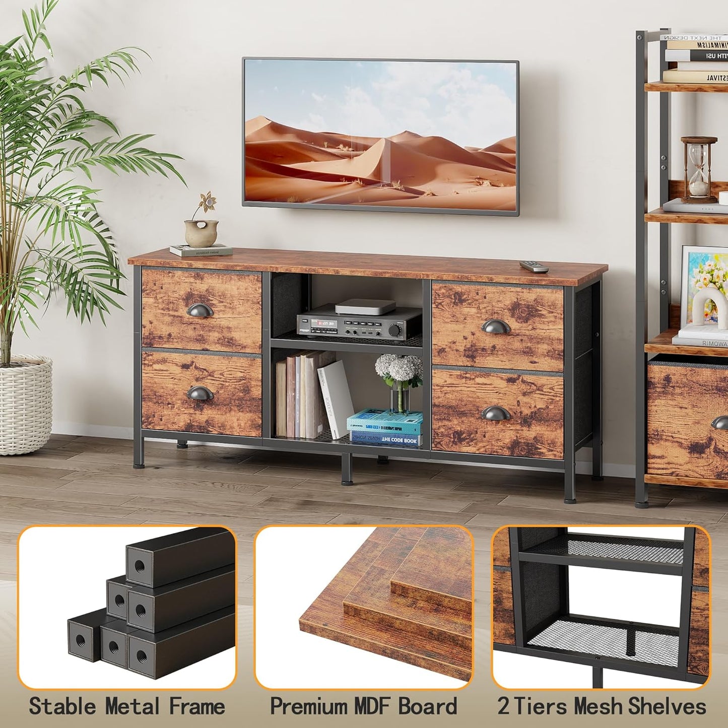 Furologee TV Stand with 4 Drawers, 43 Inch Entertainment Center with Open Shelves, Media Console Table for 50" TV, Television Stand for Bedroom, Living Room/Rustic Brown