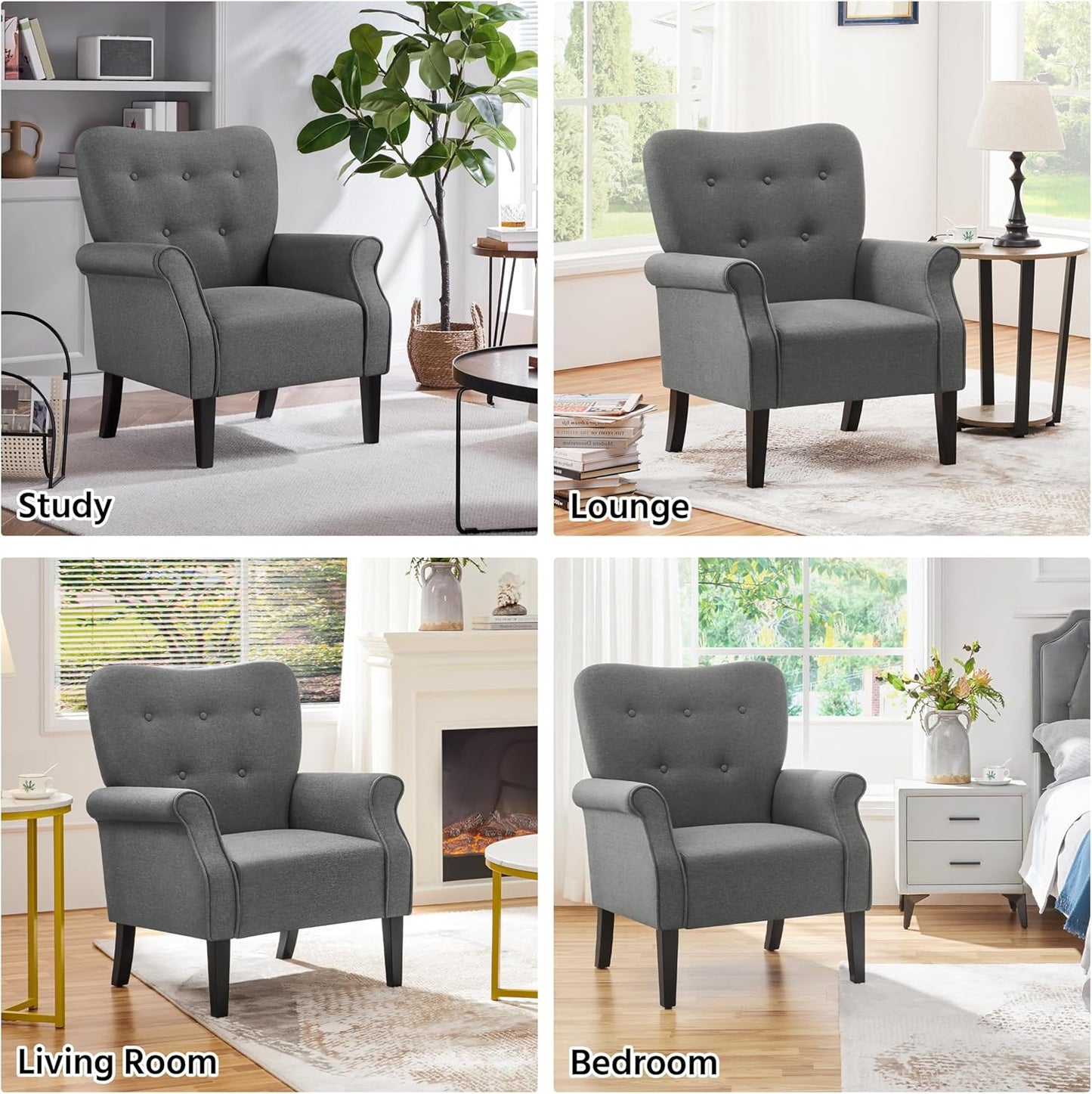 Yaheetech Modern Armchair, Mid Century Accent Chair with Sturdy Wood Legs and High Back for Small Space, Upholstered Fabric Sofa Club Chair for Living Room/Bedroom/Office, Dark Gray
