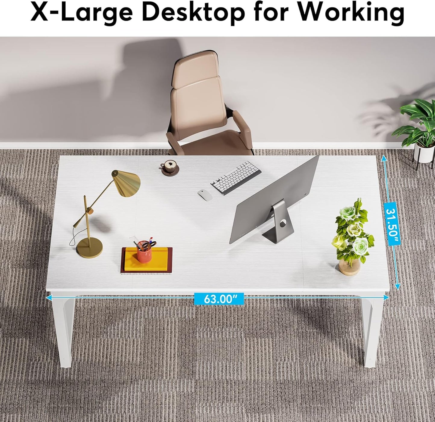 LITTLE TREE 63 Inch Large Executive Computer Office Desk, White