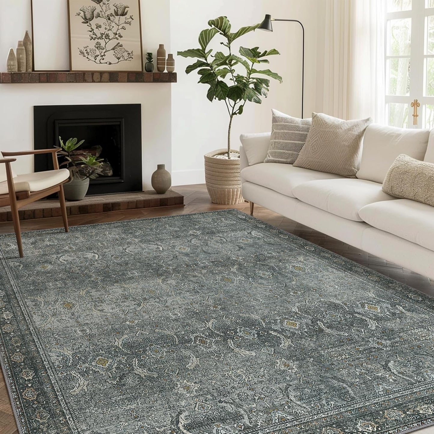 8X10 Area Rugs Machine Washable Rugs for Living Room, Vintage Boho Large Rugs for Bedroom Dining Room, Non Slip Indoor Soft Distressed Lightweight Thin Low Pile Carpet, Slate Grey