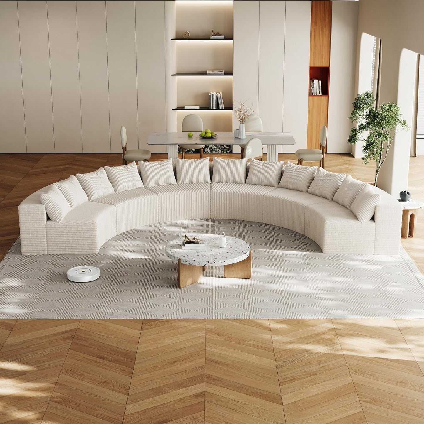 KEIKI Corduroy Curved Sectional Sofa, 6 Seater Symmetrical Modular Semi Circular Couch, Deep Seat Tufted Corner Sofa for Living Room, Lobby, Beige