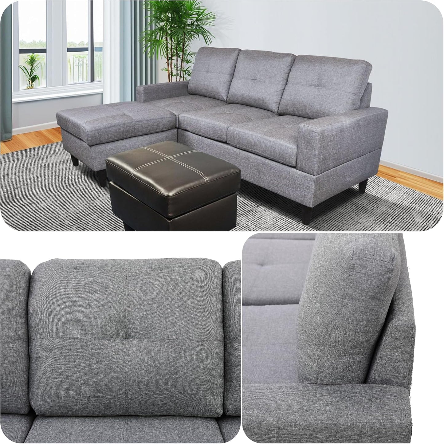 L Shaped Sofa with Ottoman, Modern Faux Leather Couch with Chaise, 3 Seat Living Room Sofa Set with Solid Wood, for Home, Apartment, Study Room, Brown Grey
