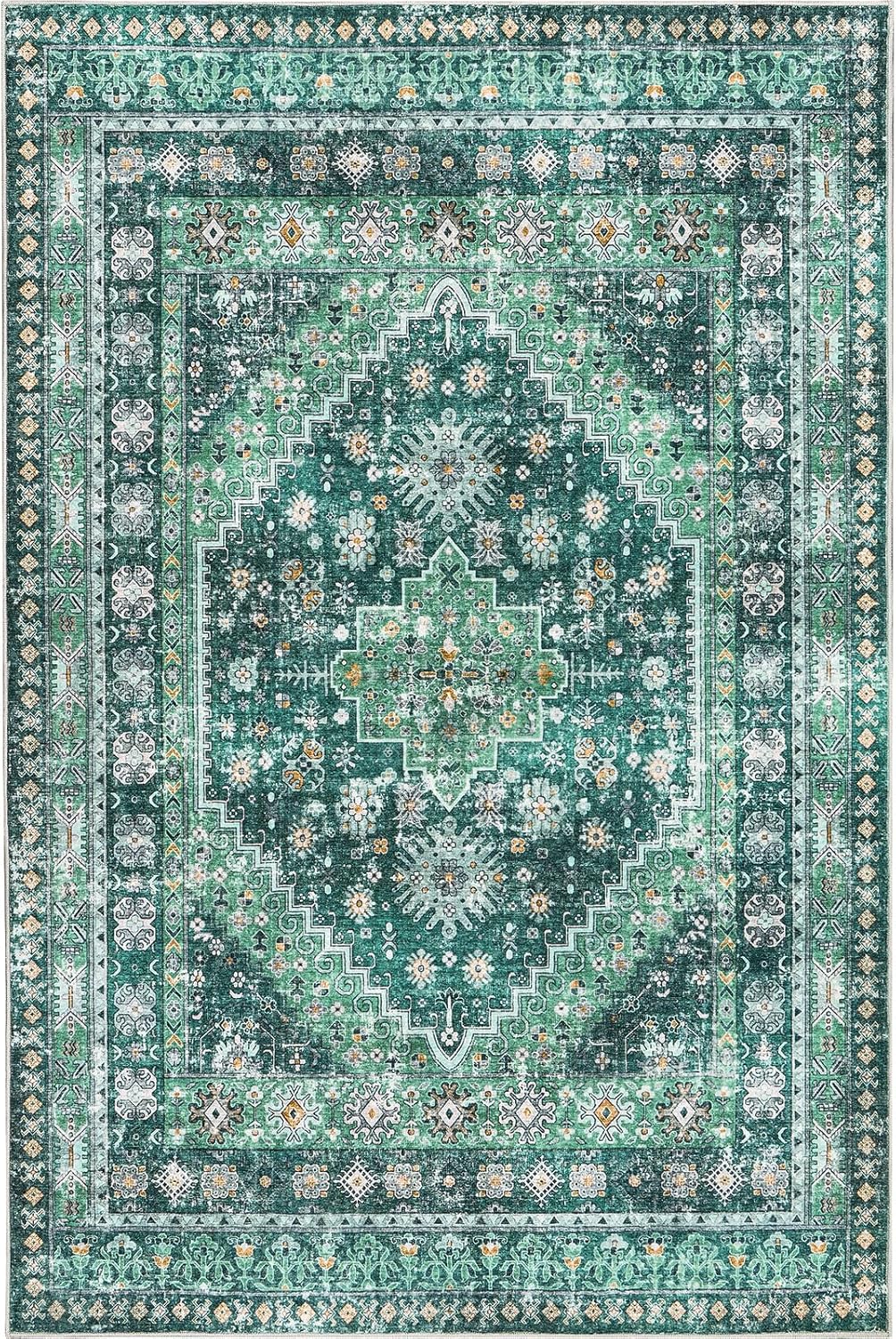 zesthome 5x7 Area Rugs - Ultra-Thin Washble Rug, Stain Resistant Anti Slip Backing Rugs for Living Room,Bedroom, Vintage Home Decor Area Rug(Green/Teal,5'x7')