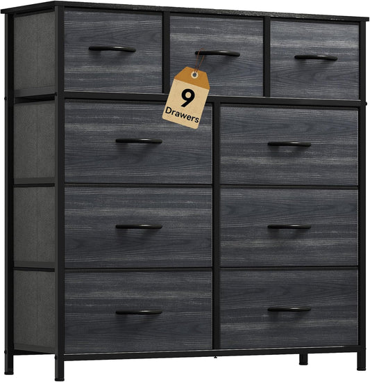 DWVO Dresser with 9 Drawers - Fabric Storage Tower, Organizer Unit for Living Room, Hallway - Sturdy Steel Frame, Wooden Top & Easy Pull Fabric Bins