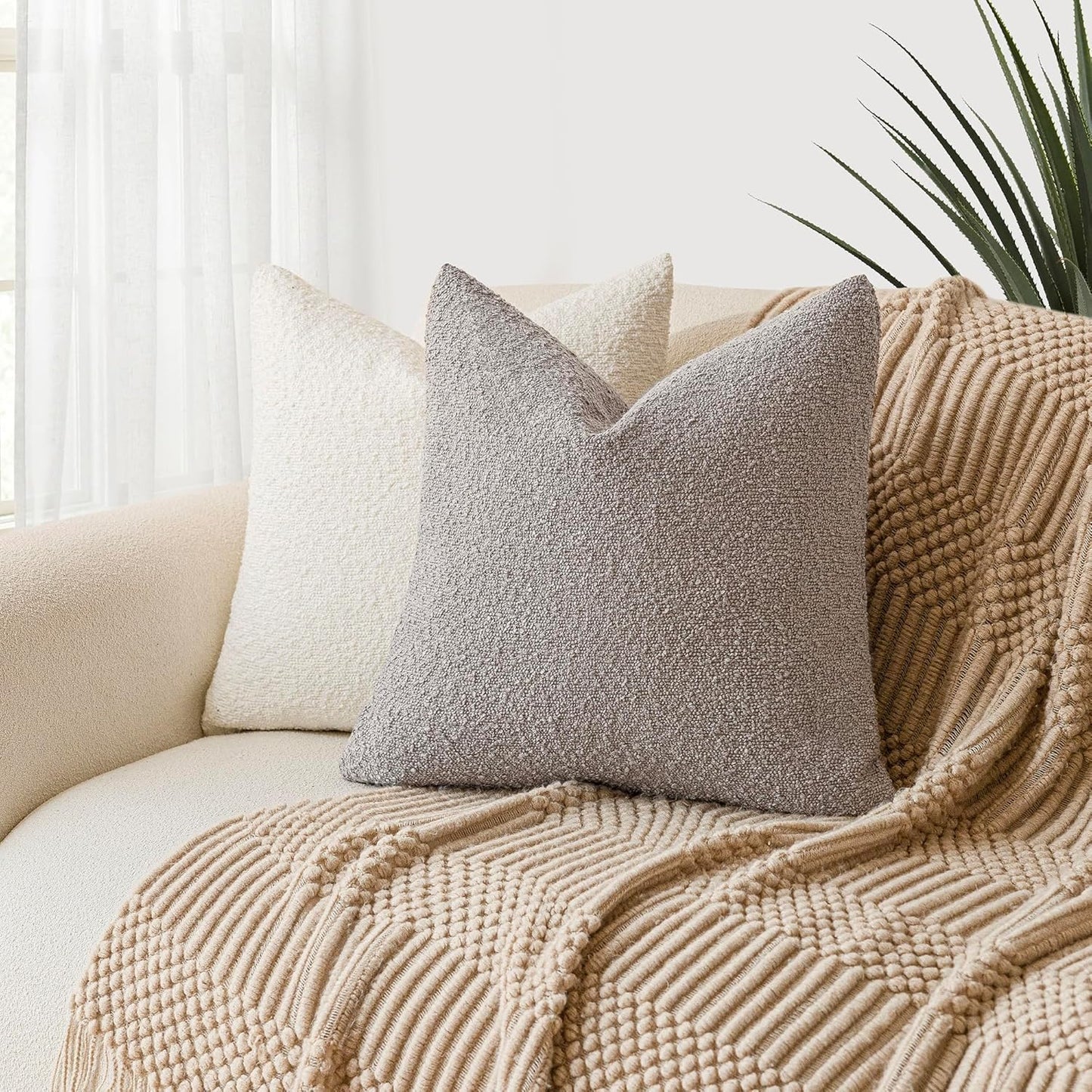 Foindtower Set of 2, Decorative Textured Boucle Throw Pillow Covers Accent Solid Pillow Cases Soft Cozy Couch Cushion Case for Chair Sofa Bedroom Living Room Home Decor 16 x 16 Inch Neutral Grey