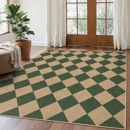 Lahome Checkered Outdoor Rug 5x7, Washable Rug for Living Room Office Indoor Outdoor Carpet, Farmhouse Non Slip Non Shedding Green Carpet for Dining Room Sunroom Patio Courtyard