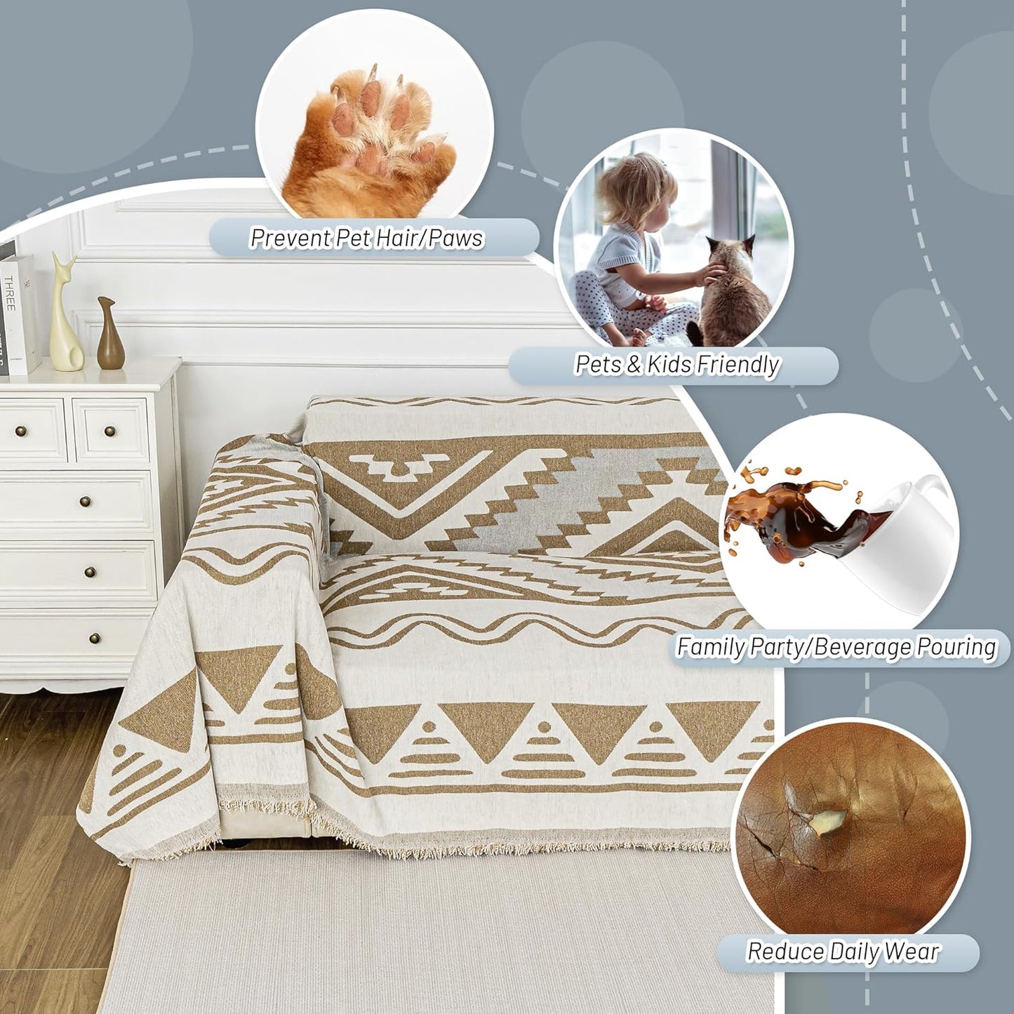 MYSKY HOME Sectional Couch Cover Khaki Boho Geometric Sofa Covers for Sectional Sofa L Shape Chenille Couch Protector for Dogs Pets Couch Throw Cover Washable Durable for Home Decor, 71" X118"