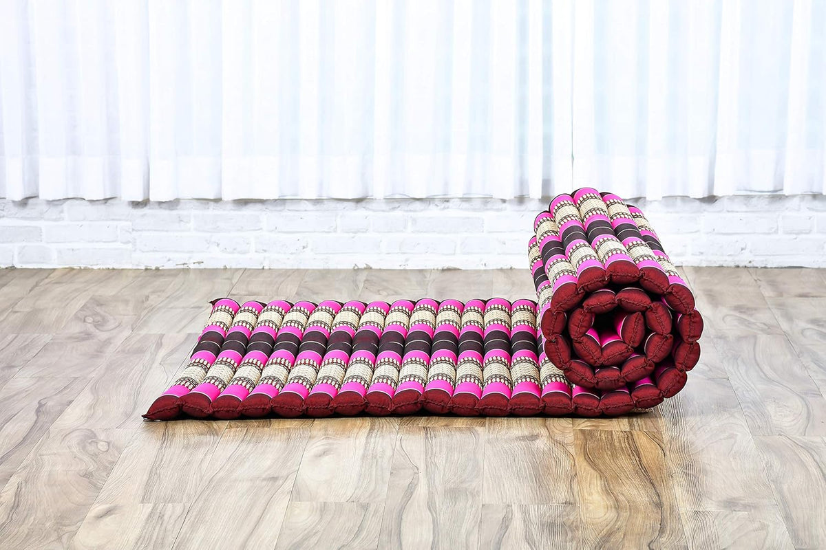 Leewadee - Kapok Roll Mat – Handcrafted Folding Sleep & Relaxation Mattress from Thailand, Ideal as Guest Bed, Camping Mat, Yoga Mat or Traditional Futon, 75 x 39 inches, Auburn Pink