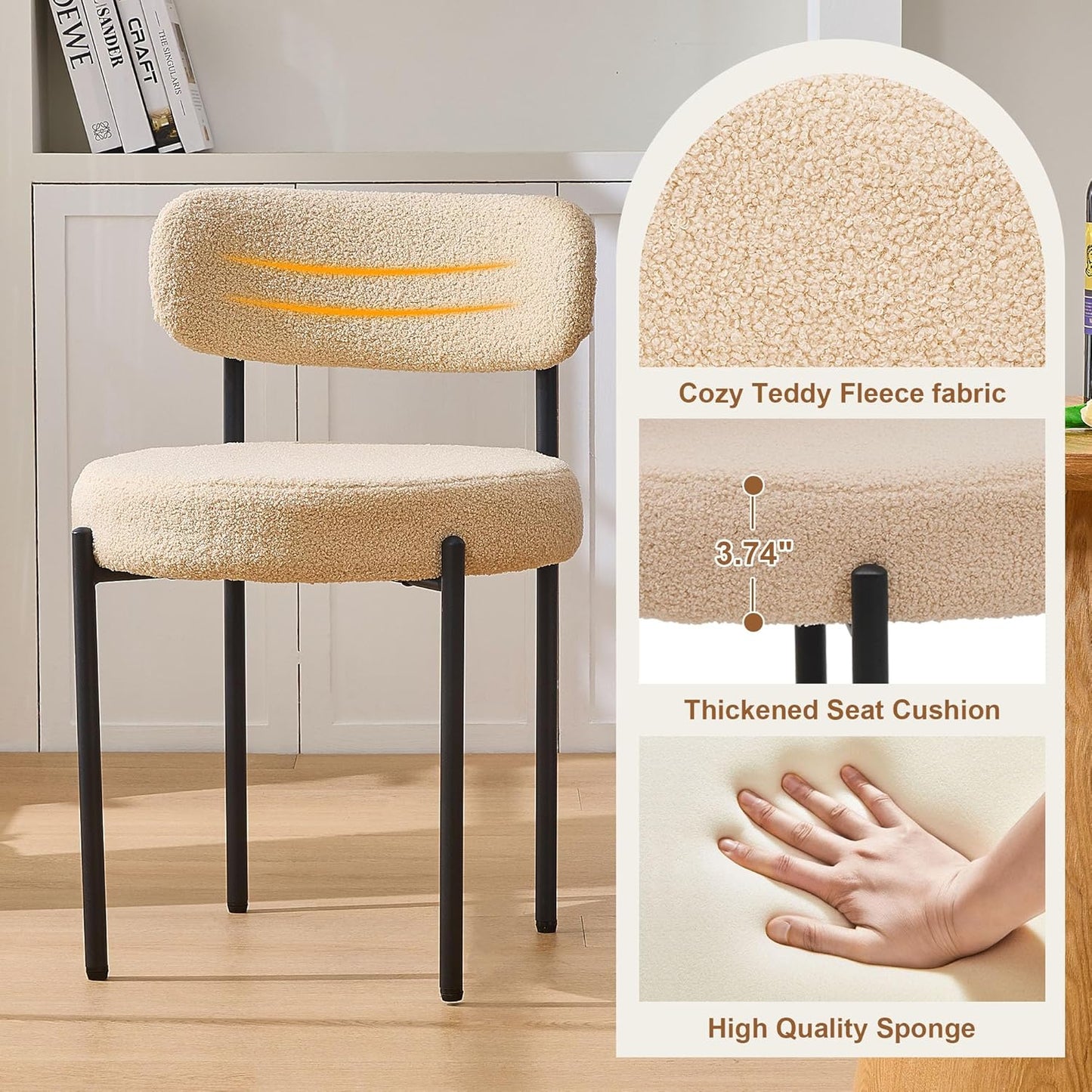 Dining Chairs Set of 6, Beige Boucle Dining Chair, Curved Backrest Upholstered Dining Room Chairs with Black Metal Legs, Mid Century Modern Dining Chairs for Kitchen, Living Room, Beige