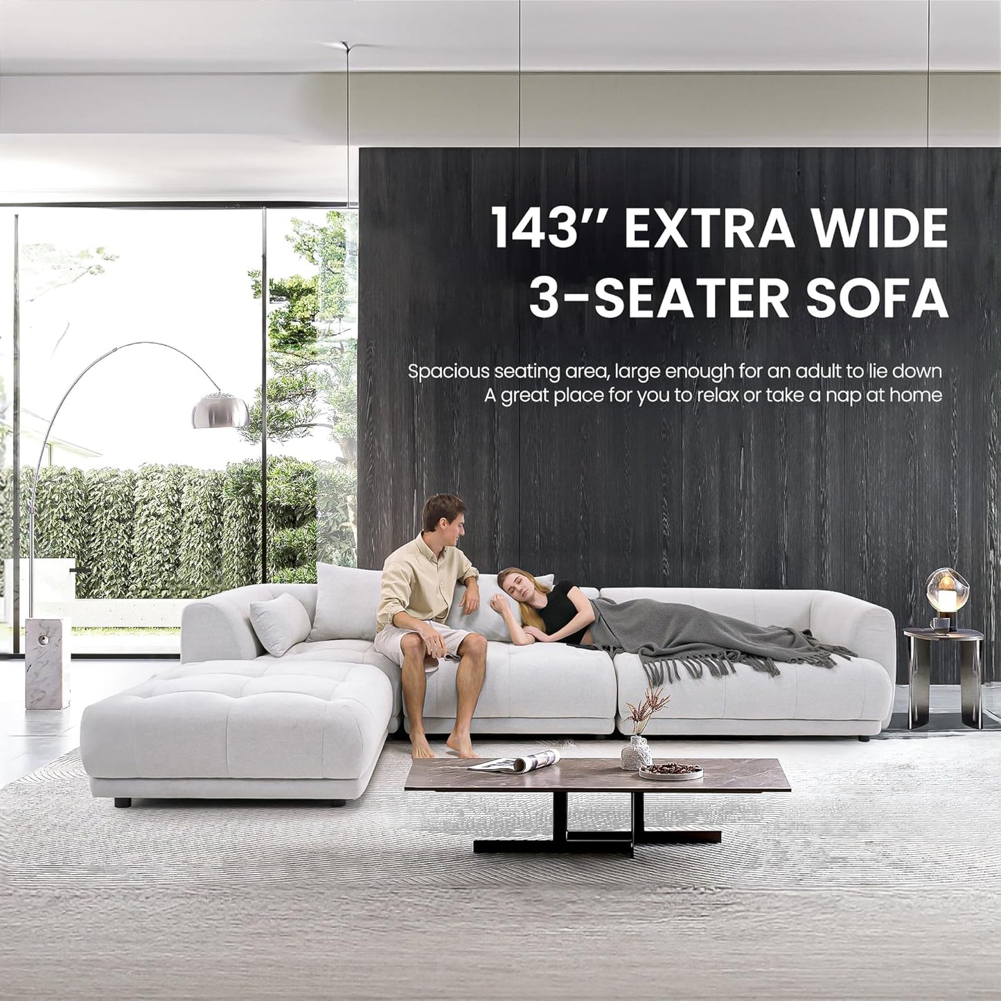 COLAMY 144" Modular Sectional Chenille Couch with Ottoman, Cloud Sectional Sofa Set with Ottoman,for Living Room(Beige)
